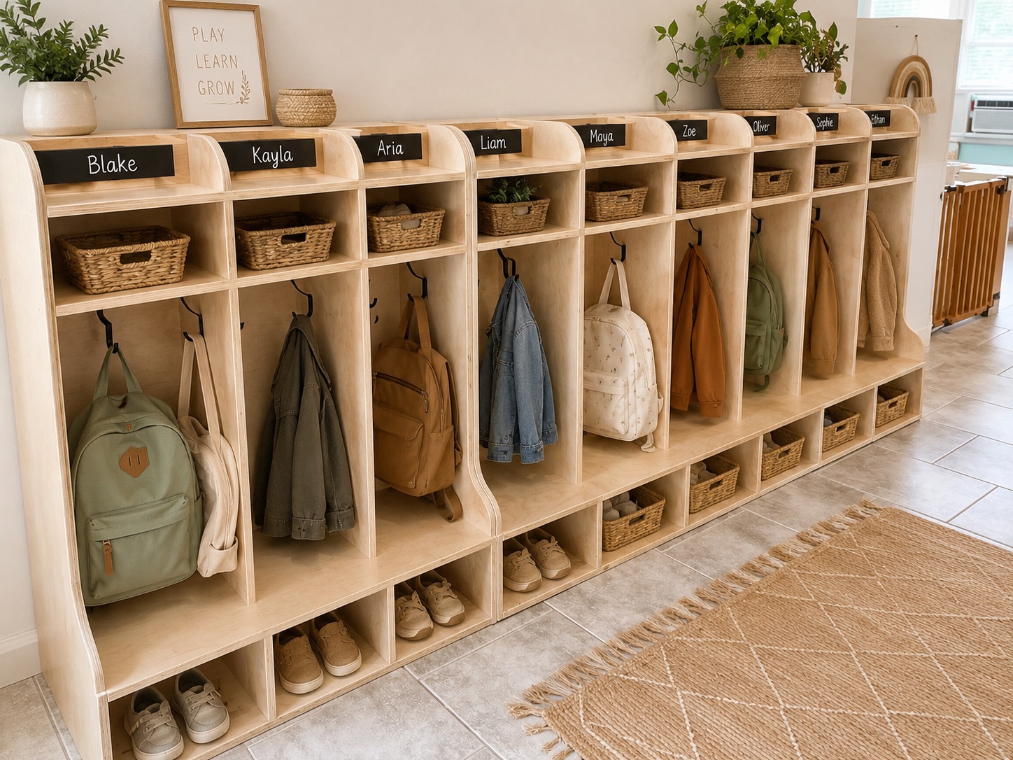 Custom natural wood daycare cubbies with hooks, baskets and individual name spaces
